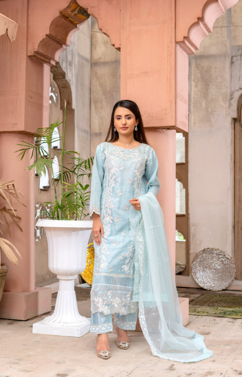 Ushna – Elegant Embroidered Organza 3PC Suit | A Dot Fashion
