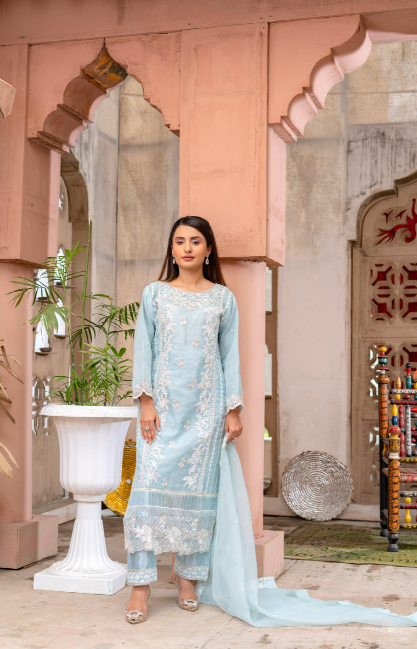 Ushna – Elegant Embroidered Organza 3PC Suit | A Dot Fashion