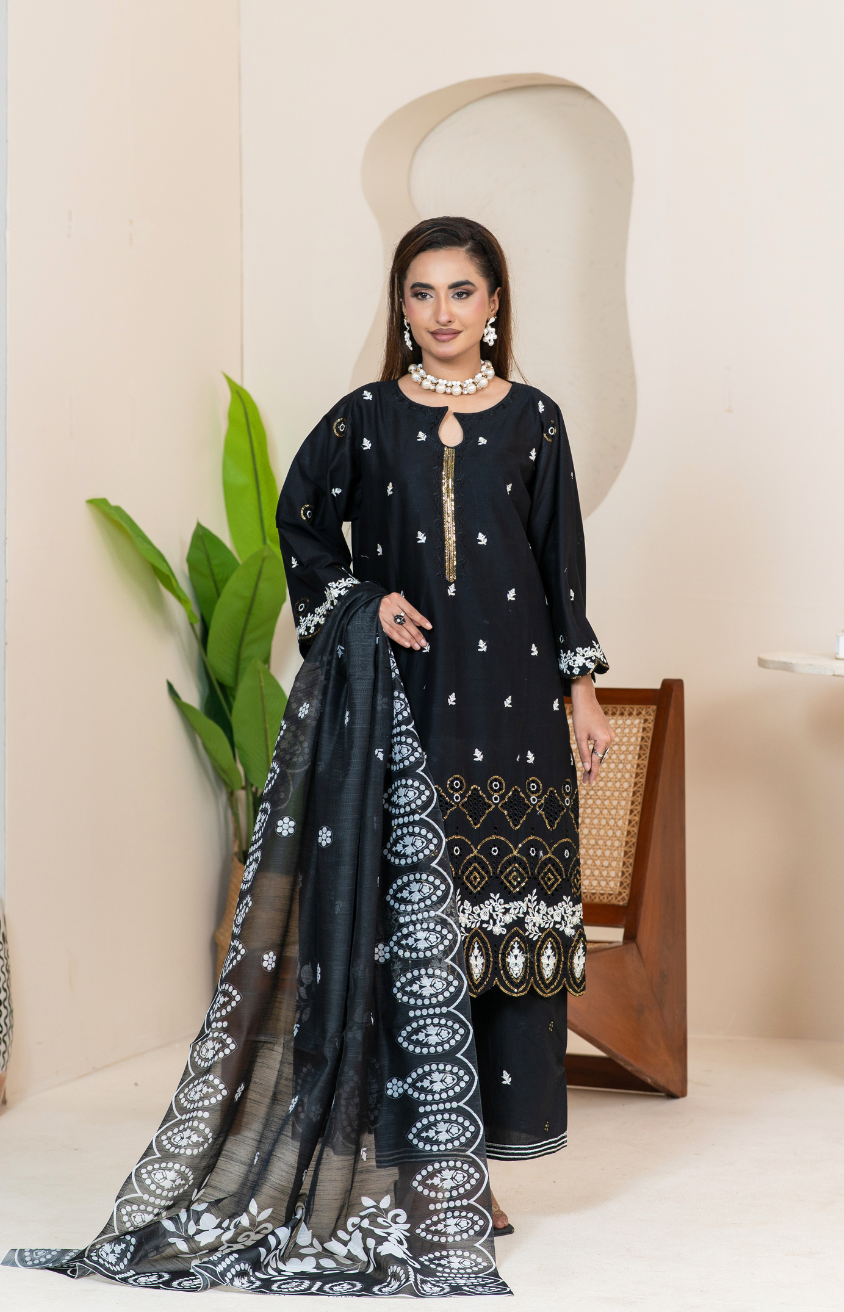Elegant Embroidered Cotton 3-Piece Suit – Mid Winter Collection